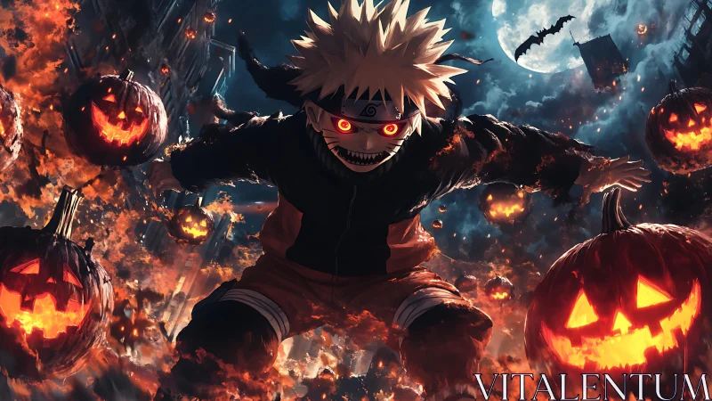 Spirited ninja dives into a blazing Halloween sky of pumpkins.