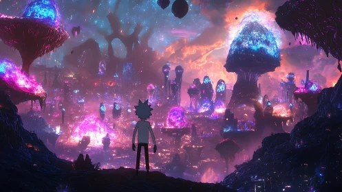 Neon alien cityscape with silhouetted observer and glowing fungi.