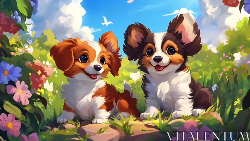 Playful puppy duo rest in bright flower garden sunlight.