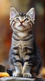 Young Tabby Kitten with Striking Blue Eyes Gazes Forward