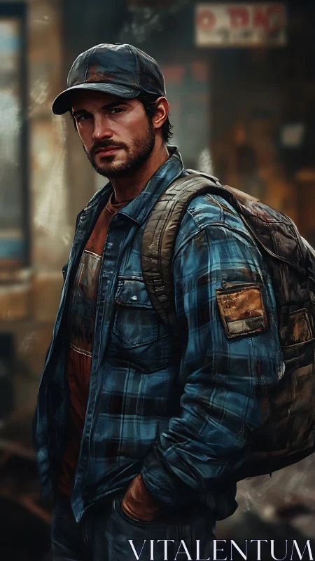 Urban survivor portrait in worn flannel and backpack.