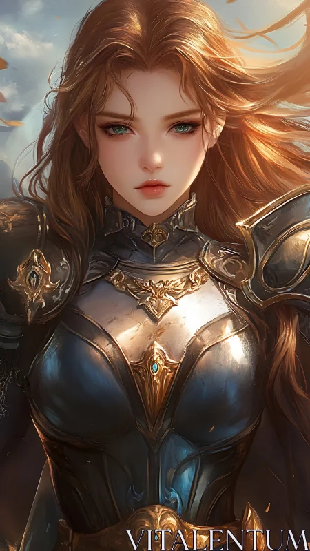 Armored warrior maiden stands in radiant golden backlight