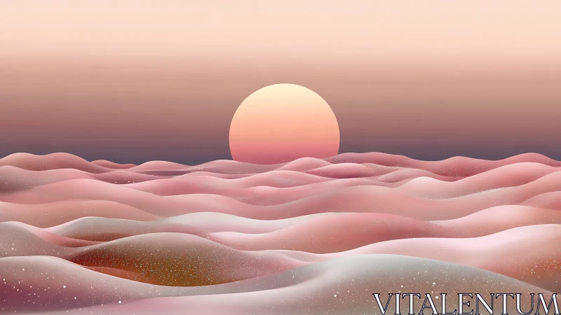 Soft pastel sun rises over luminous pink desert dunes
