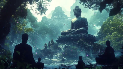 Large Buddha statue is centered in a dense forest clearing