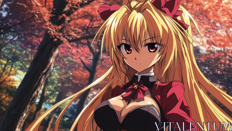 Autumn-blaze warrior girl under storms of scarlet leaves.