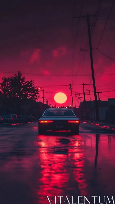 Lone car drives into a neon crimson sunset on wet city streets