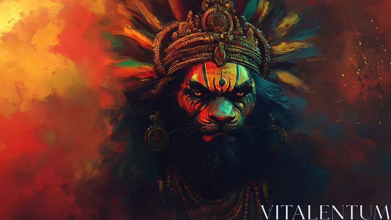 Fire crowned jungle monarch staring through sacred dusk.