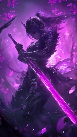 Violet-clad dark knight readies a glowing blade in bloom