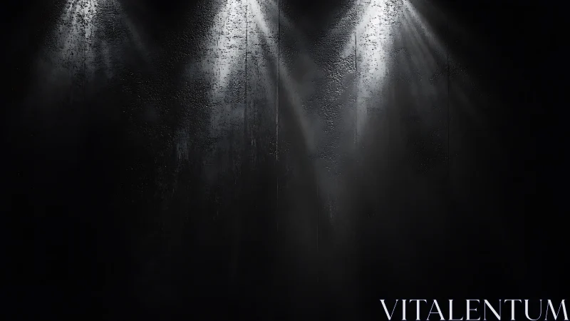 Spotlights cut through darkness over a textured black wall