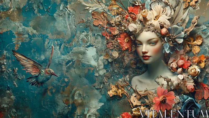 Floral muse emerging from textured teal dreamscape.