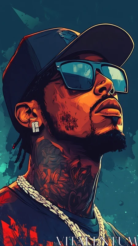 Stylized portrait of tattooed man with cap and sunglasses.