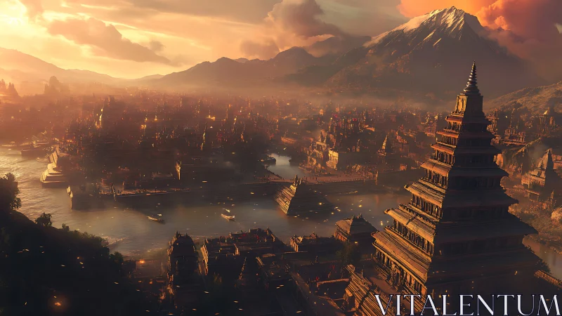 Tiered riverside temples stand before distant snow peak