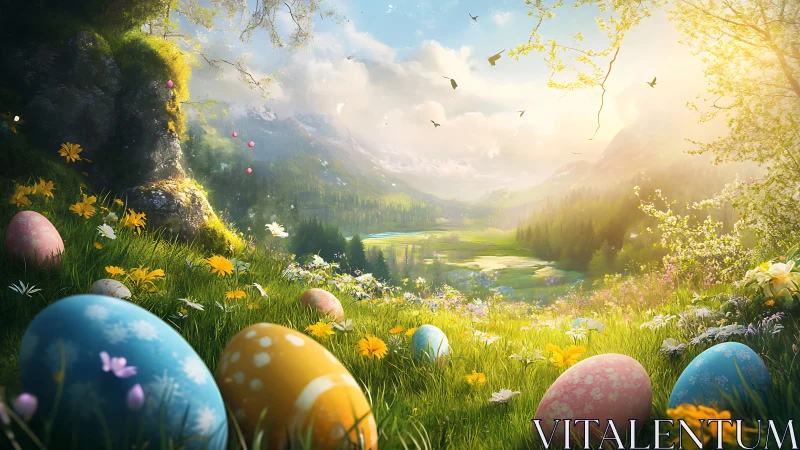 Backlit alpine meadow with decorated Easter eggs and haze depth