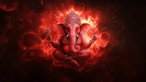 Radiant red Ganesha emerges from swirling cosmic flames