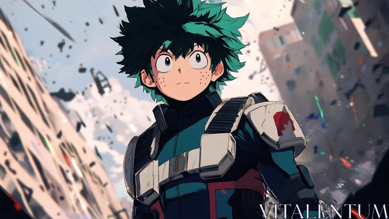 Hopeful young hero stands tall amid swirling city chaos.