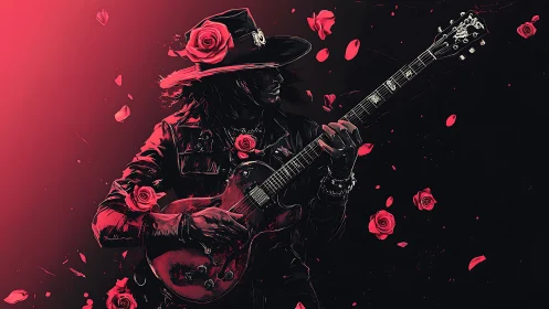 Rock guitarist silhouette with roses in vivid red glow.
