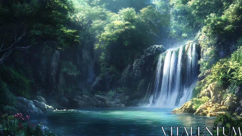 Forest waterfall with rocky pool in filtered daylight.