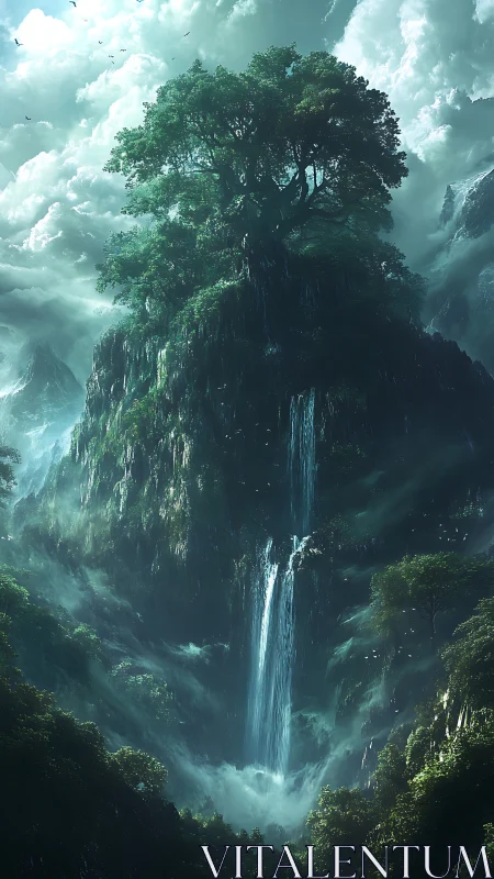 Ancient world-tree rises above misty cliffs and waterfalls