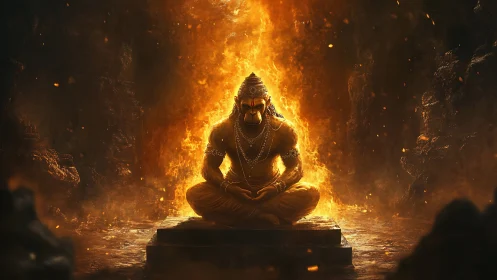 Meditating warrior deity in fiery cavern environment.
