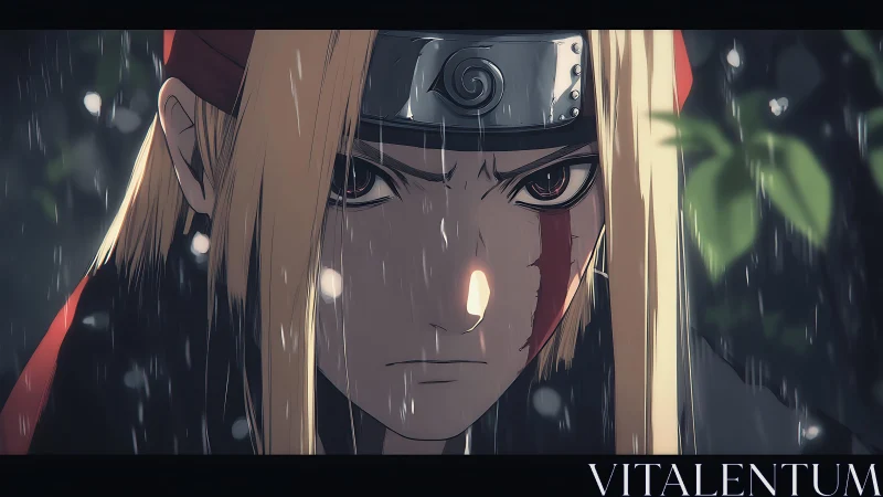 Determined anime warrior glares forward under relentless rain