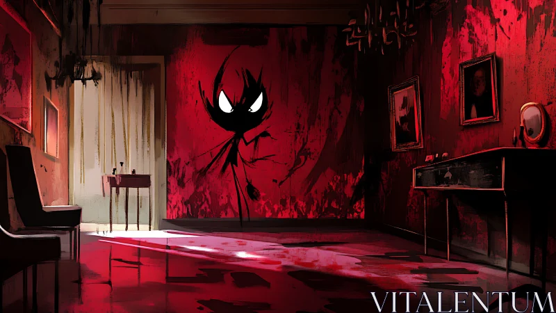 Shadow figure in red-lit interior with distressed decor.