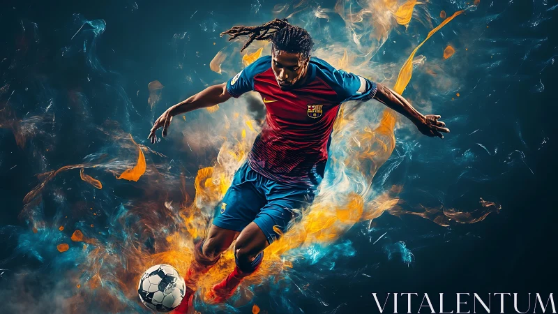 Soccer player in motion amid abstract fire and smoke forms.