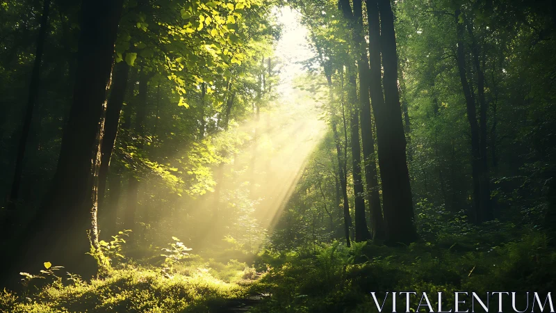 Sunbeams Filtering Through Lush Forest Trees, Natural Style.