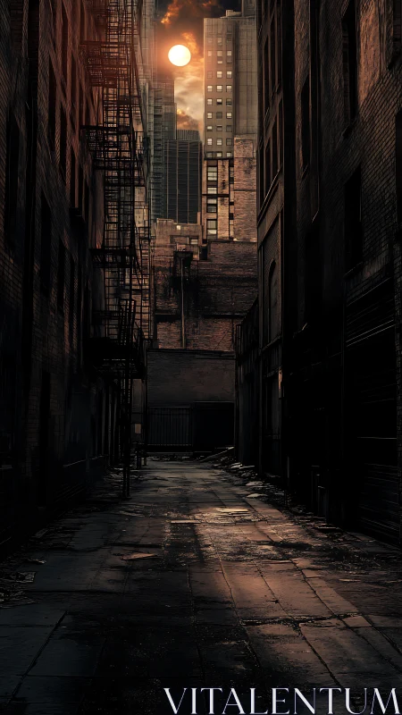 Moody city alley glows under a dramatic urban sunset sky