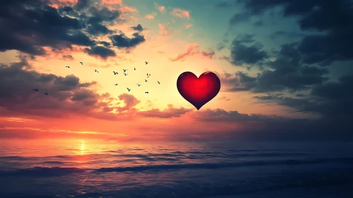 Crimson Heart Suspended Over Seascape at Sunset.