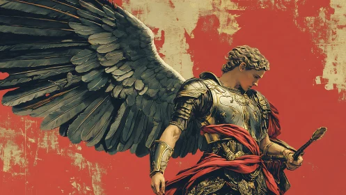 Winged armored figure with crimson drapery on scarlet ground.