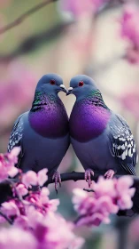 Amethyst Doves Embrace: Heart-Shaped Love Among Blooms.