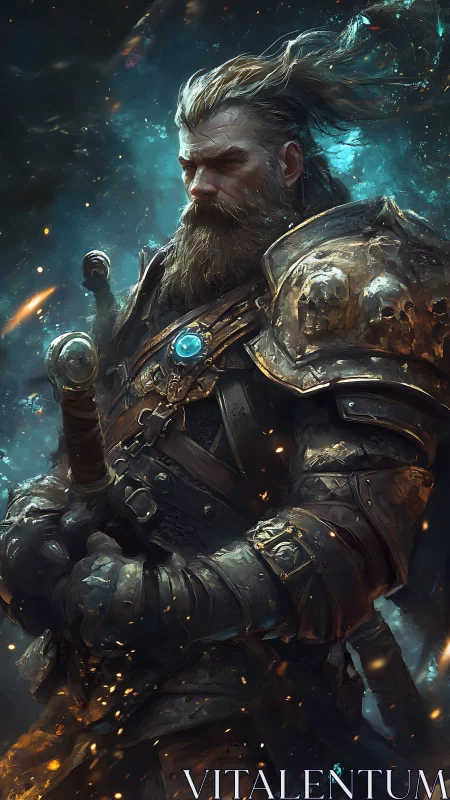 Storm-helmed paladin clutching sword in cosmic embers.