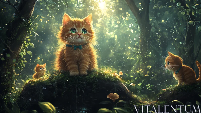 Forest Scene with Large Orange Cat and Two Smaller Kittens on Log