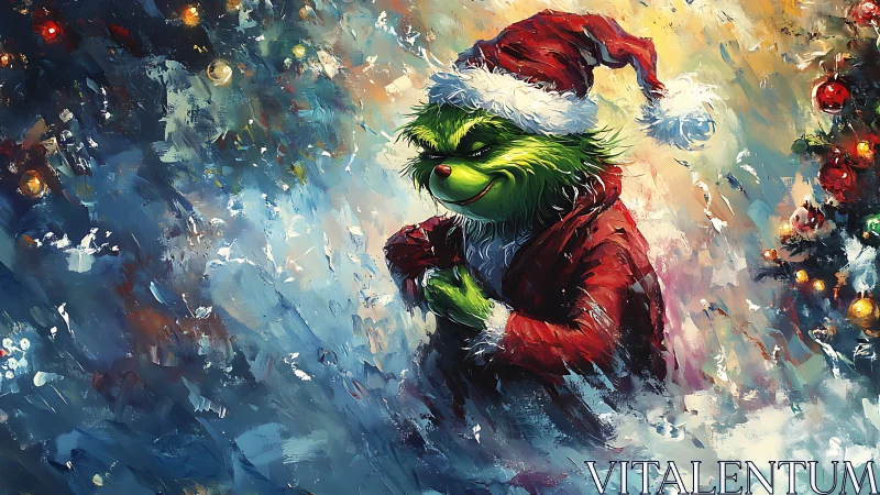 Mischievous green creature in Santa suit amid swirling snow.