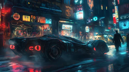 Futuristic armored car parked in neon city street at night