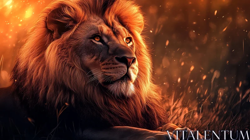 Lion king rests under emberlit twilight savanna sky.