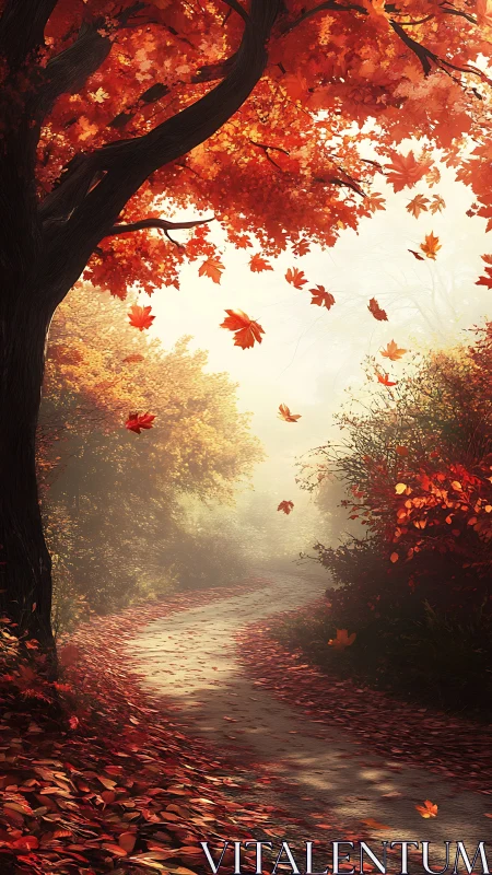 Curving forest path under vivid red autumn foliage.