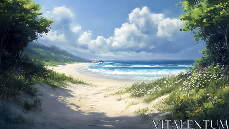 Soft coastal path opens toward a calm, sunlit ocean view