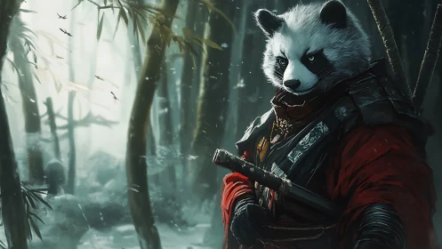 Digital painting of armored panda warrior in misted bamboo grove.