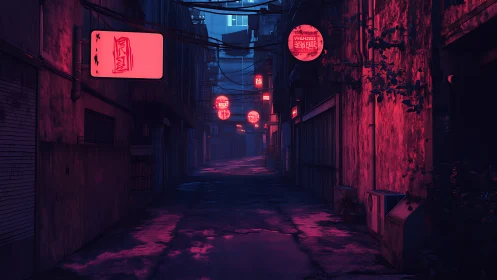 Neon alleyway drenched in magenta cyberpunk nightscape.
