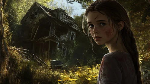 Sunlit ruins watch over a wary girl on the forest edge