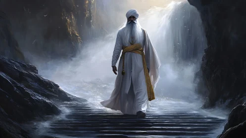 Mystic elder walking through mist and waterfall light.