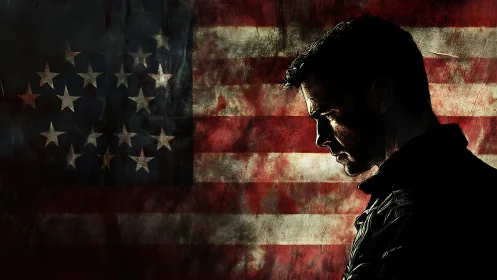 Brooding male silhouette stands against a distressed US flag