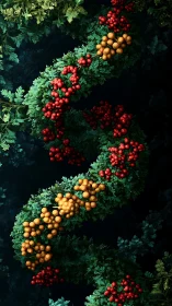 Spiral orchard ribbon of glowing berries over velvet forest.