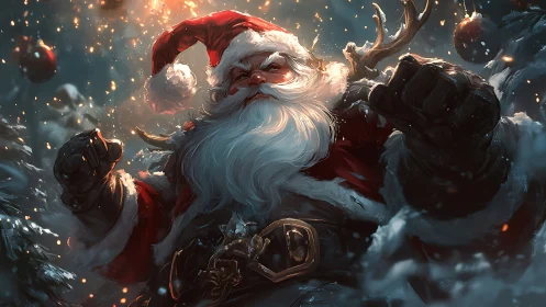 Battle-hardened Santa charges through stormlit starlit snow