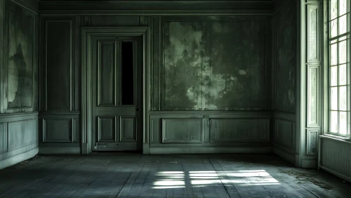 Photorealistic decayed parlor with raking window light study.