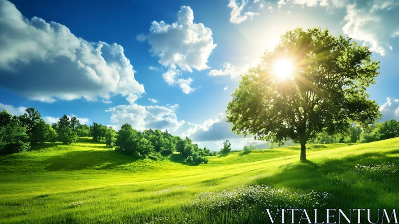 Sunlit tree on rolling green hills under scattered clouds.