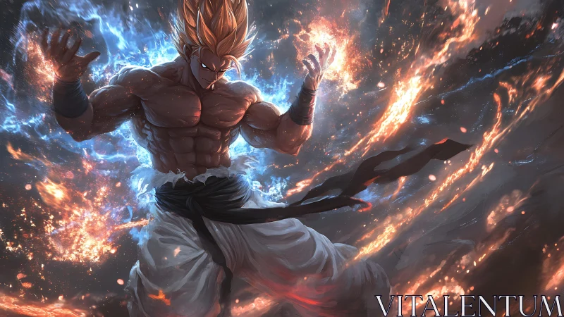 Supercharged warrior ignites cosmos with explosive energy aura.