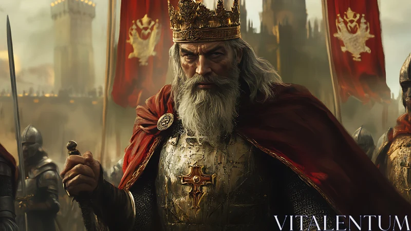 Armored sovereign in crimson cloak before fortified citadel.