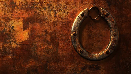 Photorealistic rusted iron ring on distressed metal wall.